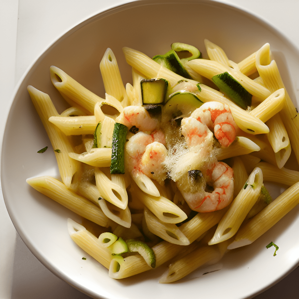 Penne with zucchini and prawns